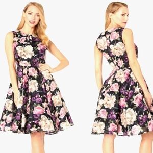 Unique Vintage Black Chiffon Floral Sleeveless Dress 10-12